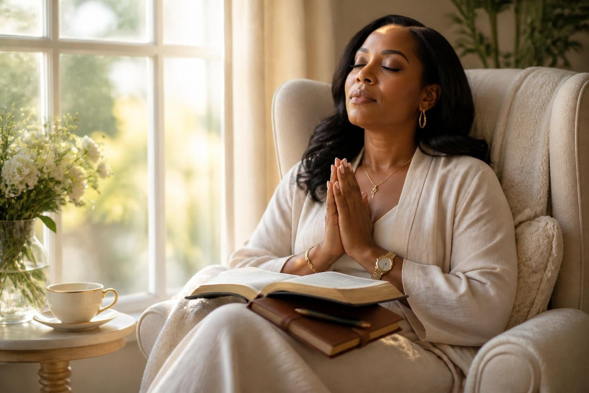Woman in quiet morning prayer with an open Bible — Identity: Faith, Purpose & Personal Growth